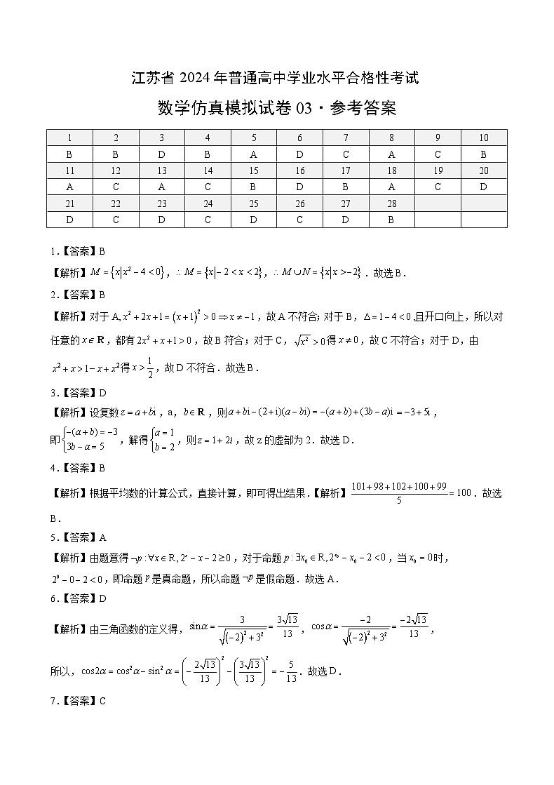 江苏省2024年普通高中学业水平合格性考试数学仿真模拟卷0301