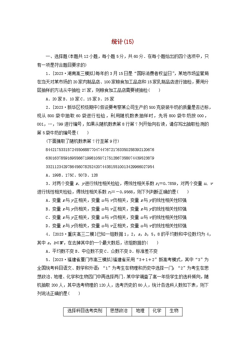 统考版2024届高考数学二轮专项分层特训卷一客观题专练15统计文（附解析）第1页