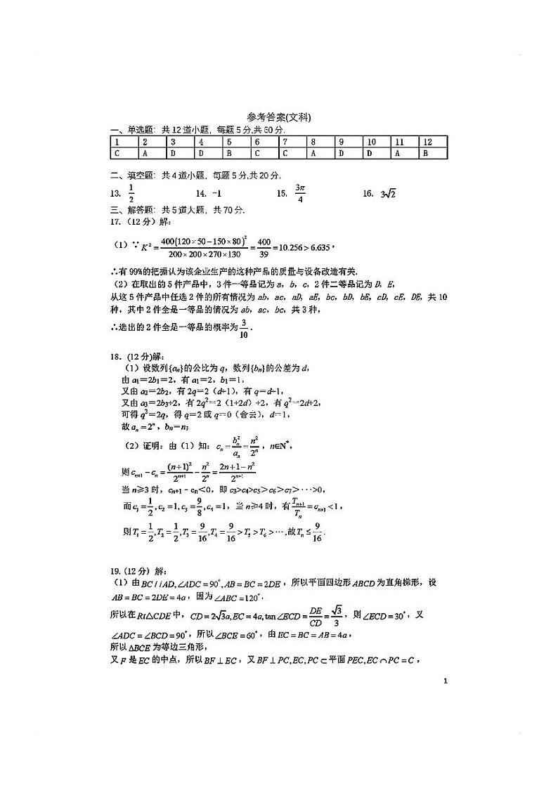 2024届四川省成都市第七中学高三上学期一诊模拟考试文科数学01