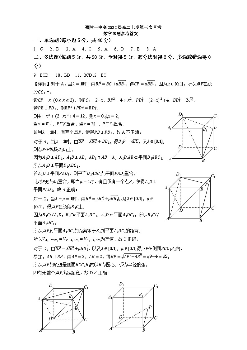 2024南充嘉陵一中高二上学第三次月考试题数学含答案01