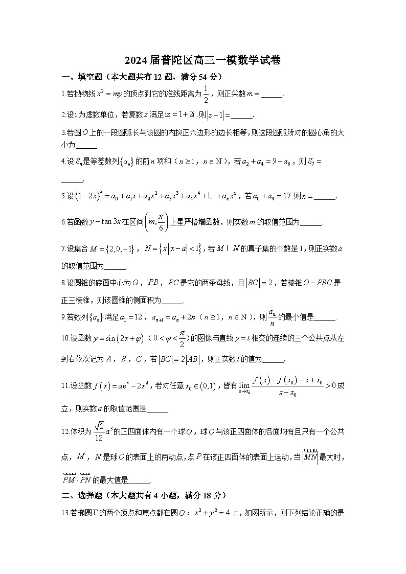 2024届上海市普陀区高三一模数学试卷及参考答案01