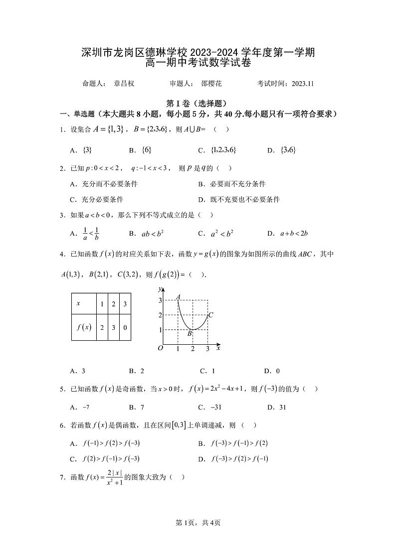 广东省深圳市龙岗区德琳学校2023-2024学年高一上学期期中考试数学试题01