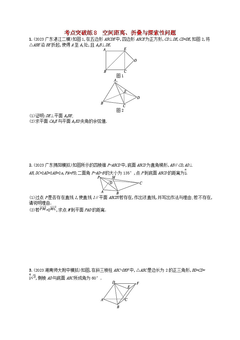 适用于新高考新教材2024版高考数学二轮复习考点突破练8空间距离折叠与探索性问题01