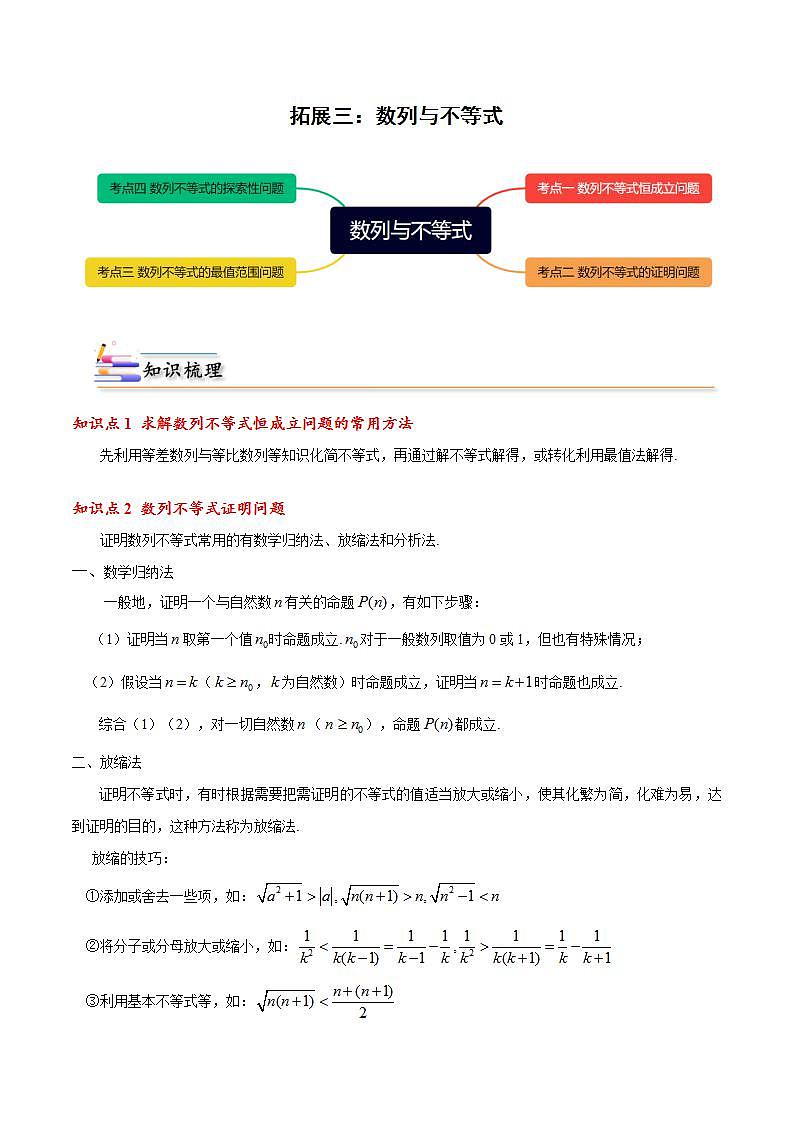 人教A版（2019）选修二 第四章数列 拓展三：数列与不等式-直击高考考点归纳-讲义01