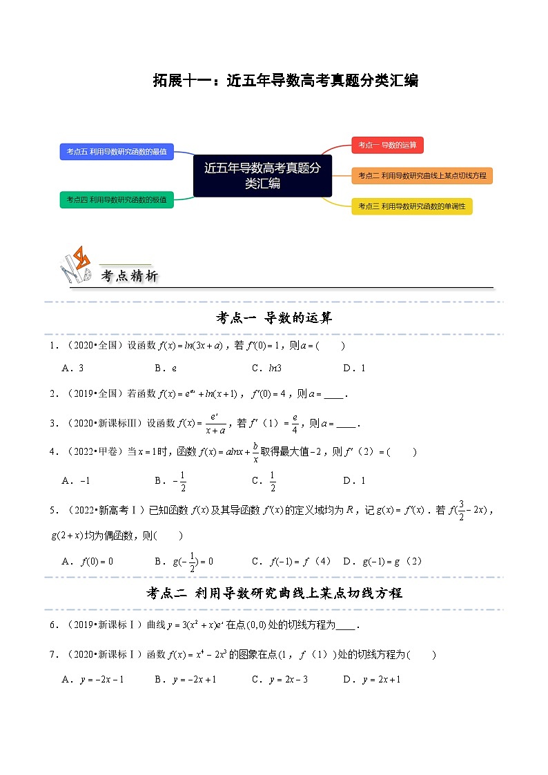人教A版（2019）选修二 第五章一元函数的导数及其应用 拓展十一：近五年导数高考真题分类汇编-直击高考考点归纳-讲义01
