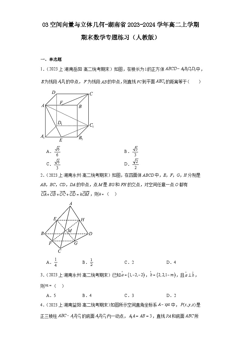 03空间向量与立体几何-湖南省2023-2024学年高二上学期期末数学专题练习（人教版）第1页