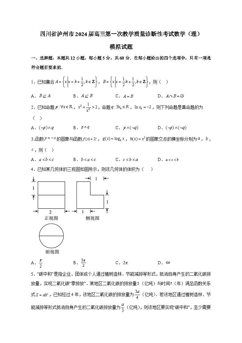 四川省泸州市2024届高三第一次教学质量诊断性考试数学（理）模拟试题（含答案）01