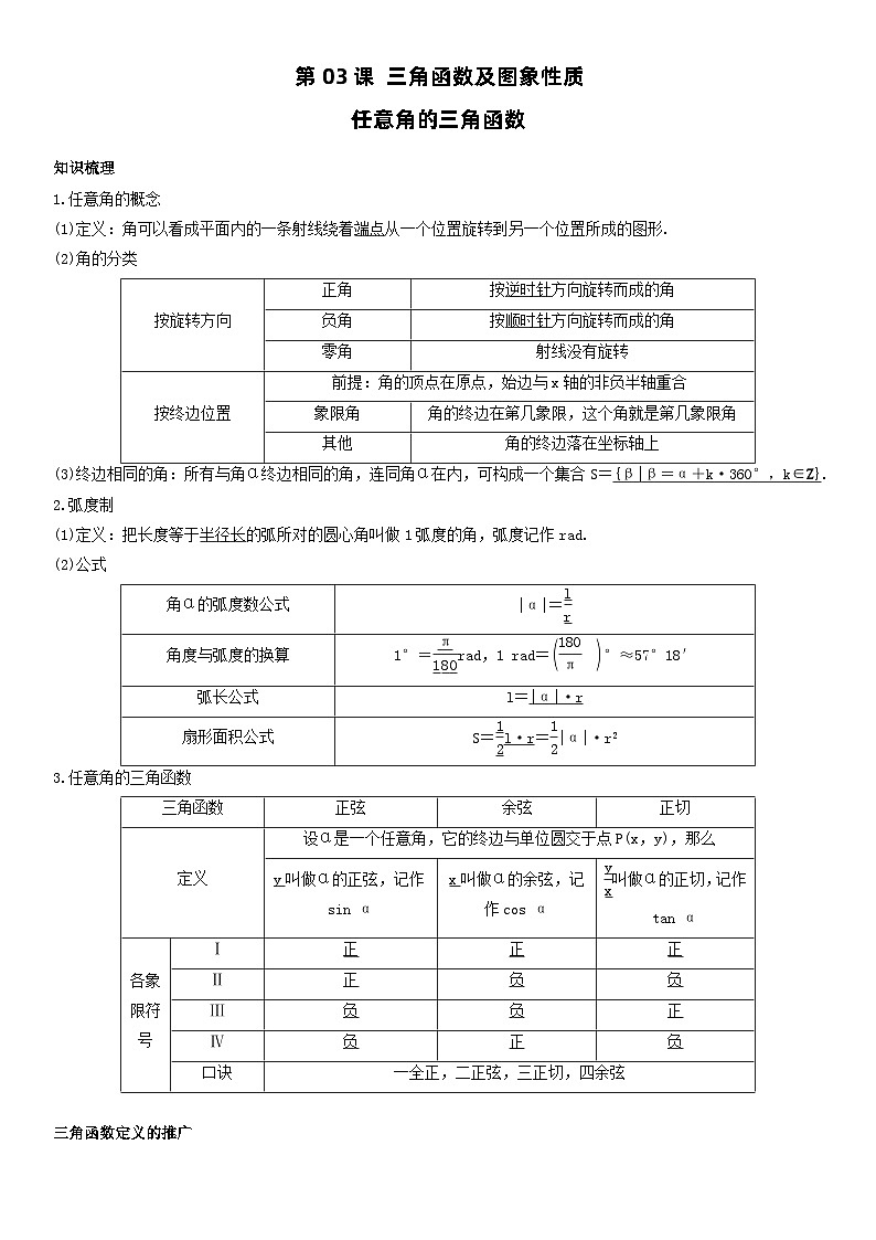 人教A版2024年高一数学寒假提高讲义 第03课 三角函数及图象性质（2份打包，原卷版+教师版）01