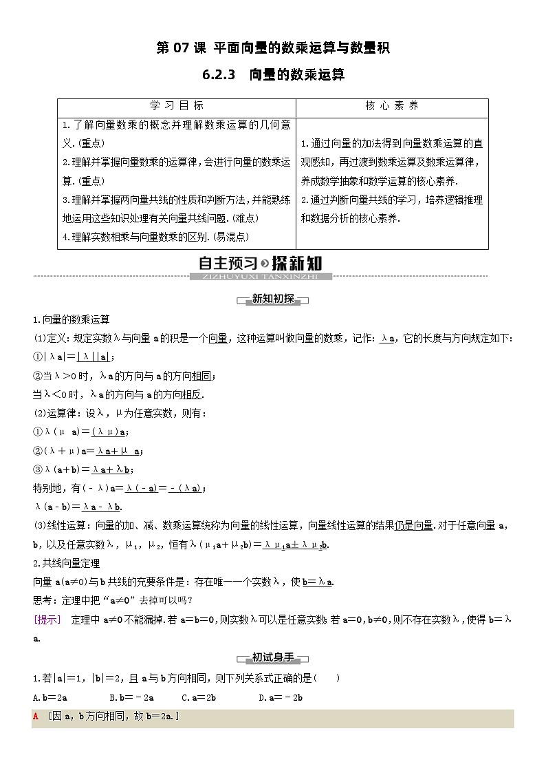 人教A版2024年高一数学寒假提高讲义 第07课 平面向量的数乘运算与数量积（2份打包，原卷版+教师版）01