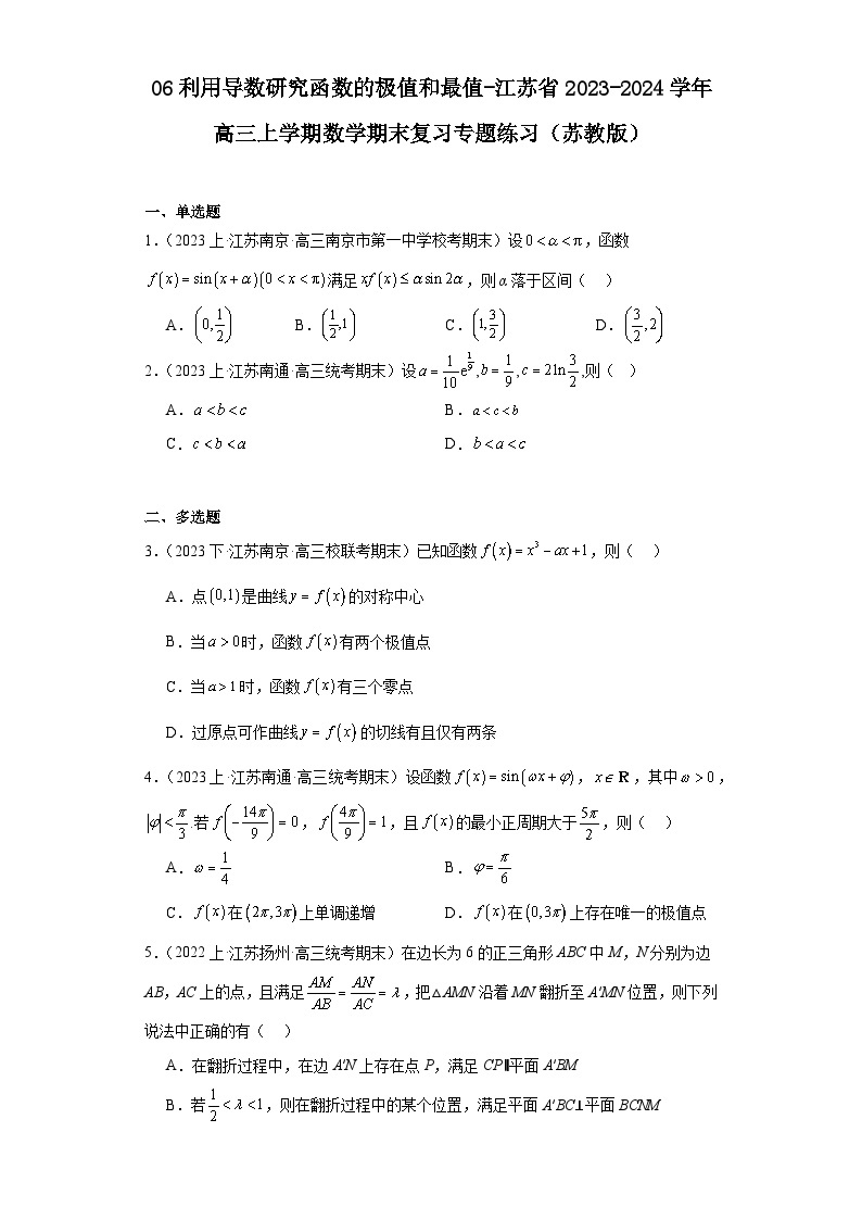 06利用导数研究函数的极值和最值-江苏省2023-2024学年高三上学期数学期末复习专题练习（苏教版01