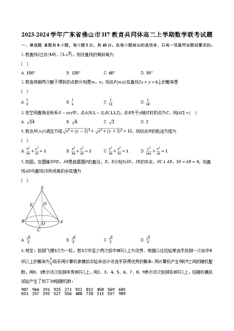 2023-2024学年广东省佛山市H7教育共同体高二上学期数学联考试题（含解析）第1页