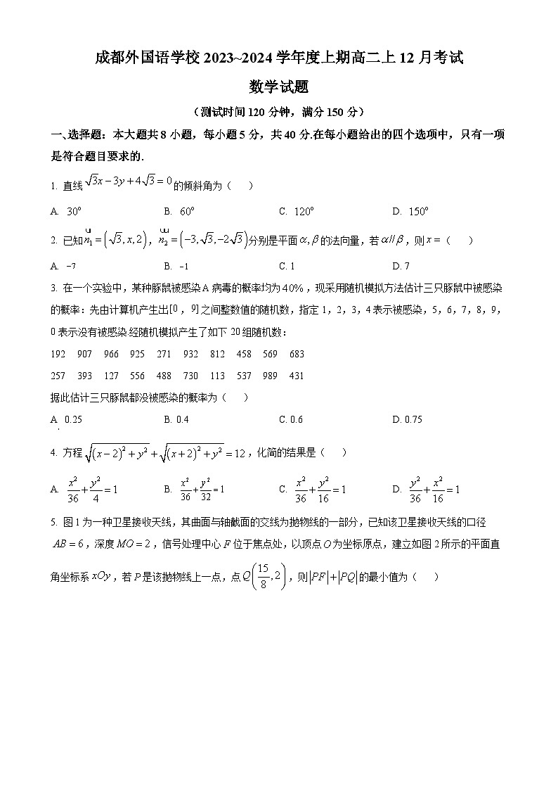 2024成都外国语学校高二上学期12月月考试题数学含解析第1页