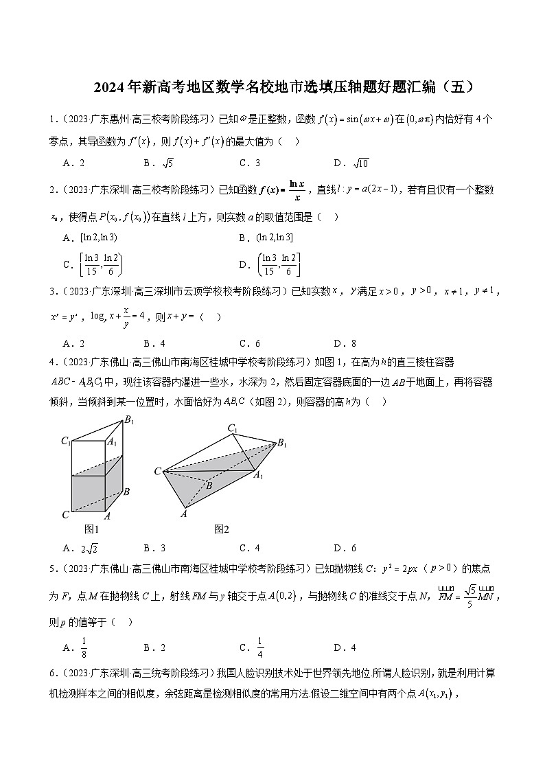 2024年新高考地区数学名校地市选填压轴题好题汇编（五）（原卷版）第1页