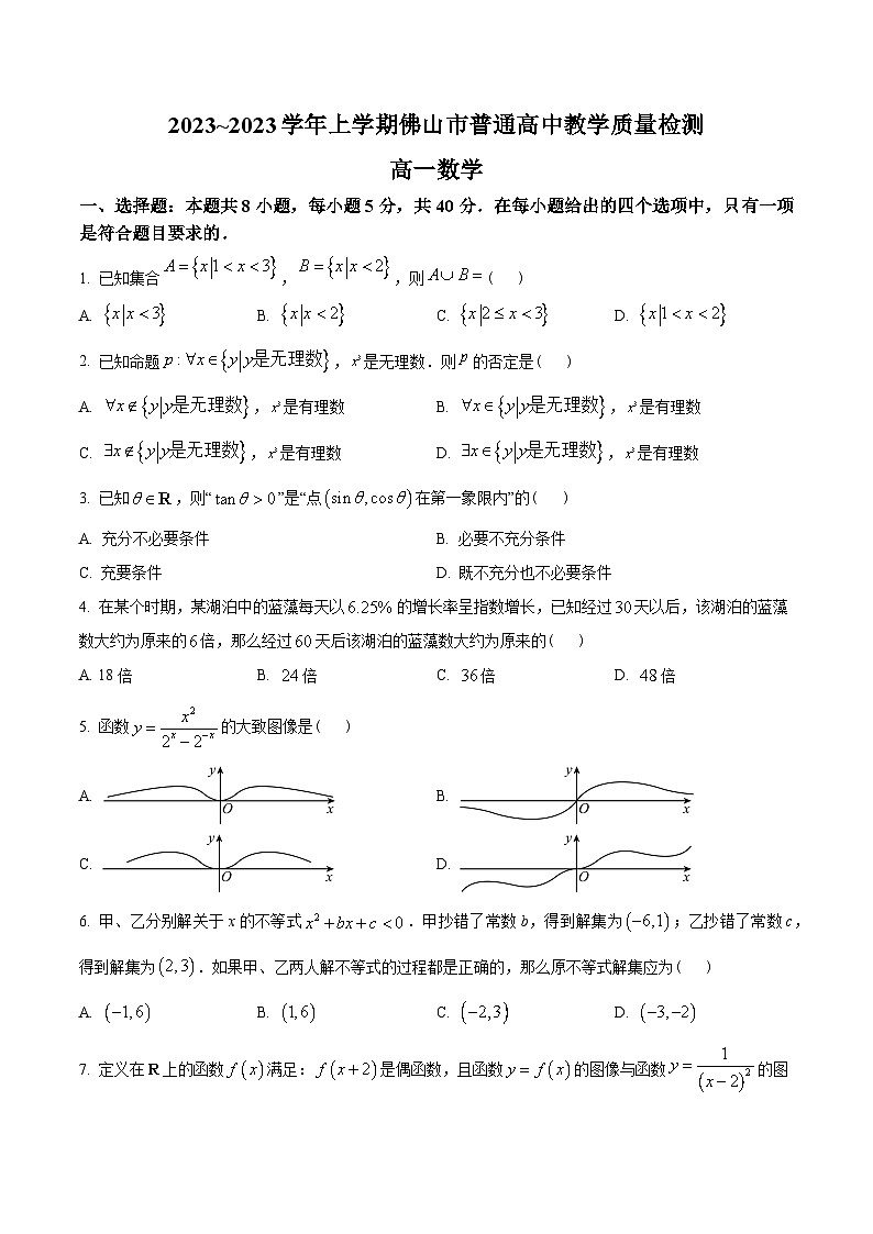 广东省佛山市2022-2023学年高一上学期期末数学试题（学生版）01