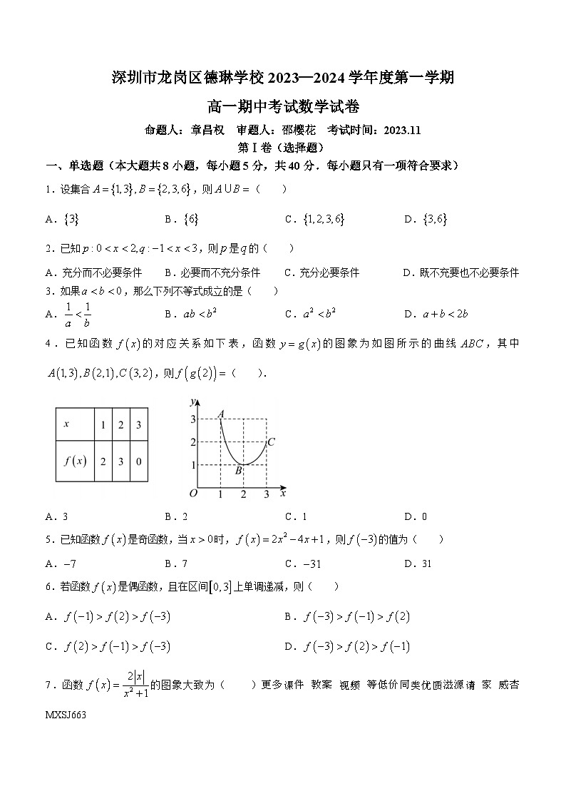 41，广东省深圳市龙岗区德琳学校2023-2024学年高一上学期期中考试数学试题(无答案)01