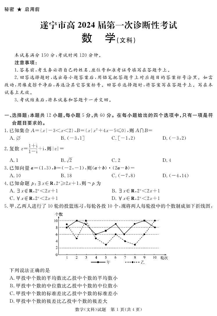 2024地区一诊数学(文科)第1页