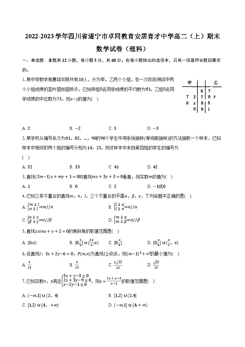 2022-2023学年四川省遂宁市卓同教育安居育才中学高二（上）期末数学试卷（理科）（含解析）01