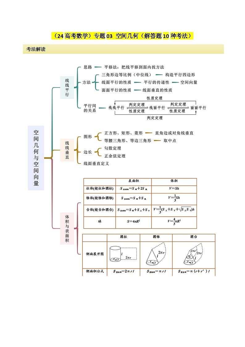 专题03 空间几何与空间向量（解答题10种考法）讲义--2024届高三数学二轮复习《考法分类》专题训练（新高考）.zip01