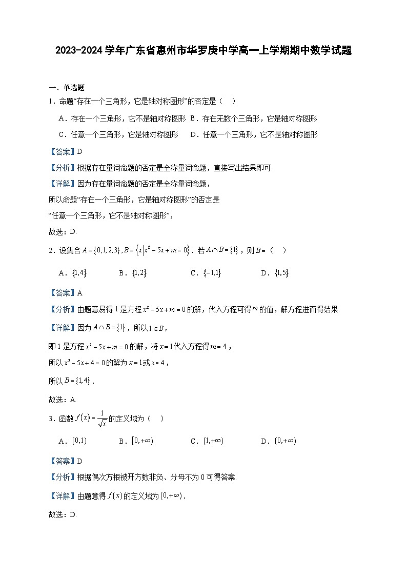 2023-2024学年广东省惠州市华罗庚中学高一上学期期中数学试题含答案01