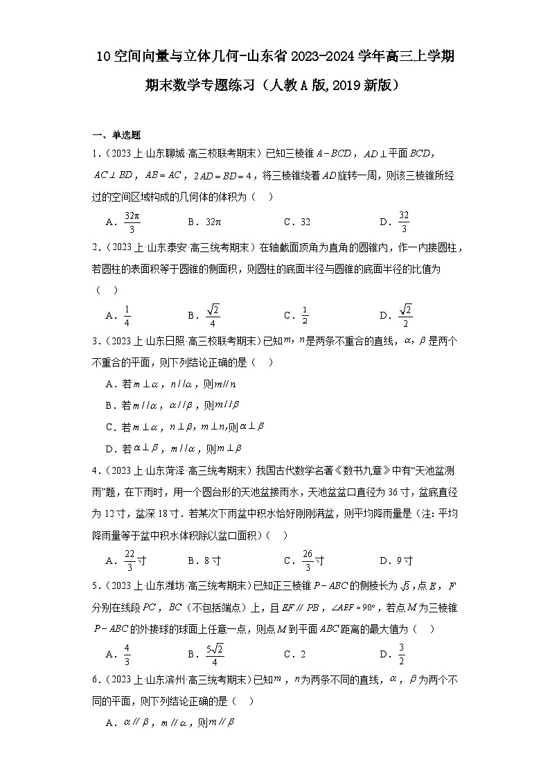 10空间向量与立体几何-山东省2023-2024学年高三上学期期末数学专题练习（人教A版,2019新版）第1页