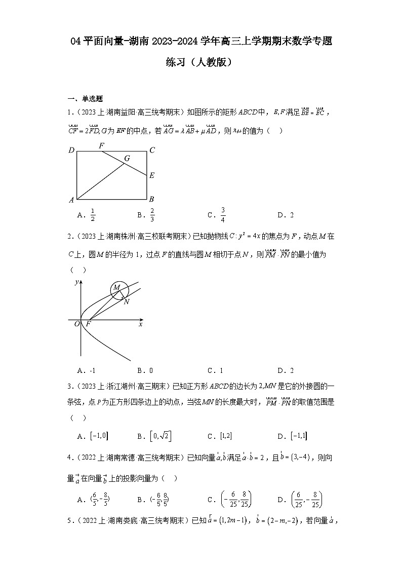 04平面向量-湖南2023-2024学年高三上学期期末数学专题练习（人教版）第1页