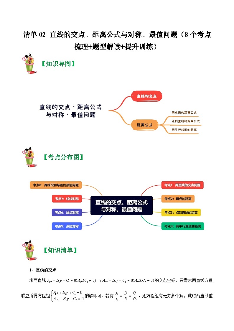清单02 直线的交点、距离公式与对称、最值问题-2023-2024学年高二数学上学期期末常考题型+易错题（苏教版）01