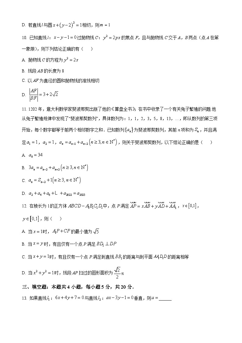 2024枣庄三中高二上学期12月质量检测试题数学含解析03