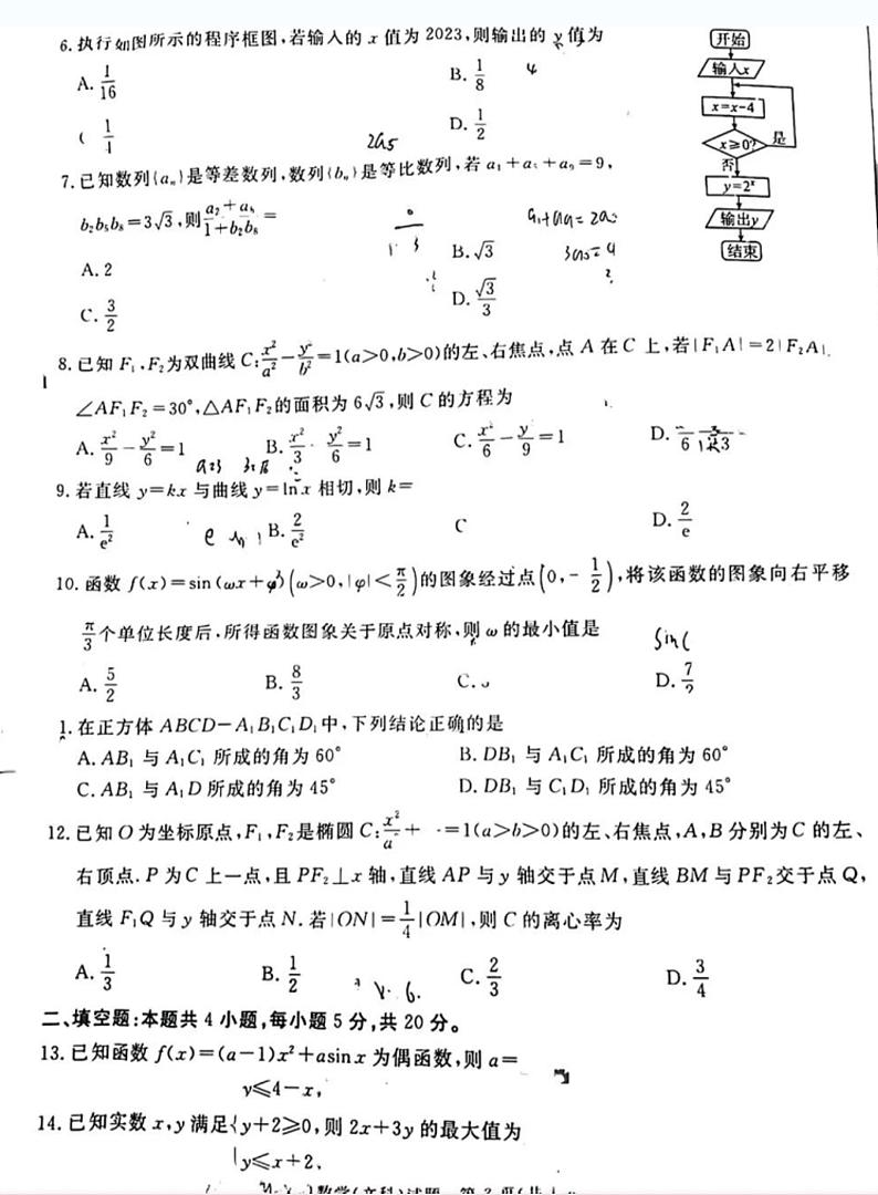 2024四川六市高三一诊文科数学试题及参考答案第2页