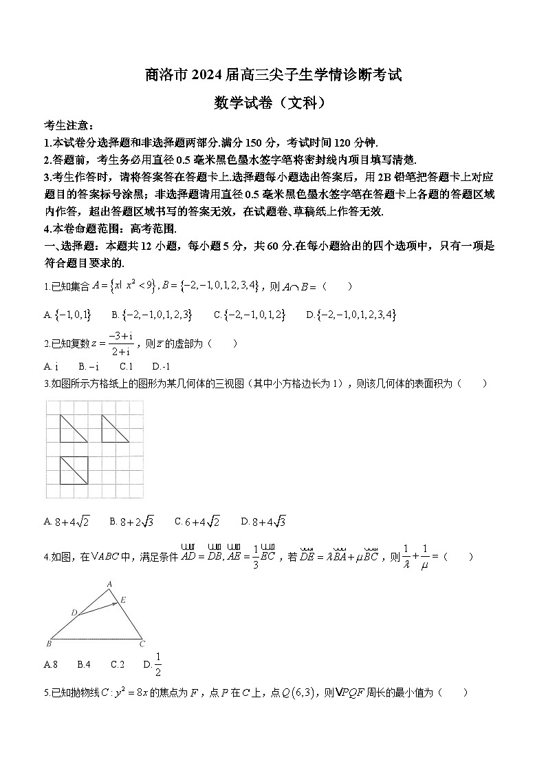 陕西省商洛市2024届高三上学期尖子生学情诊断考试数学（文科）试题及答案第1页
