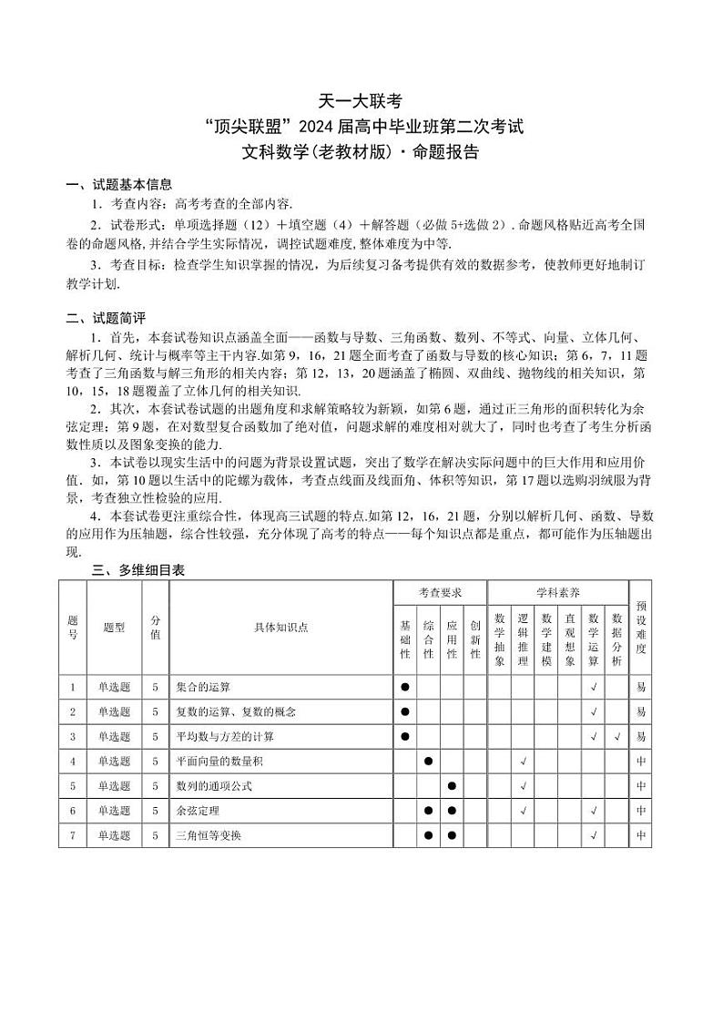 文数高三顶尖联盟二（老教材）命题报告第1页