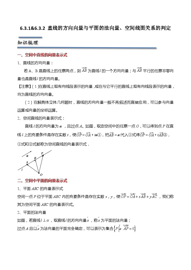 6.3.1&6.3.2 直线的方向向量与平面的法向量、空间线面关系的判定（原卷版）第1页