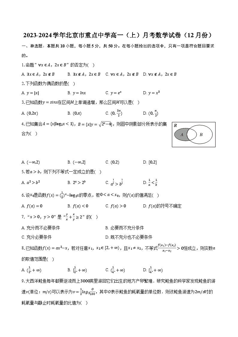 2023-2024学年北京市重点中学高一（上）月考数学试卷（12月份）（含解析）01