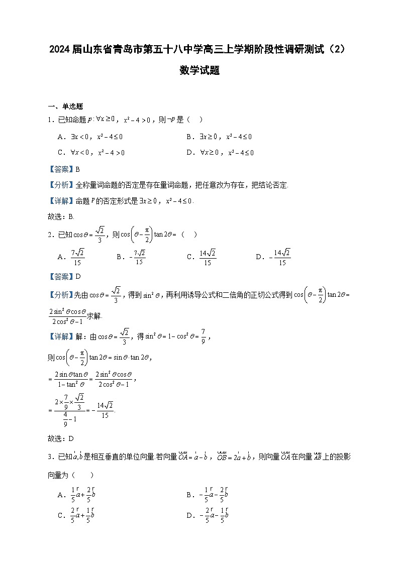 2024届山东省青岛市第五十八中学高三上学期阶段性调研测试（2）数学试题含答案第1页