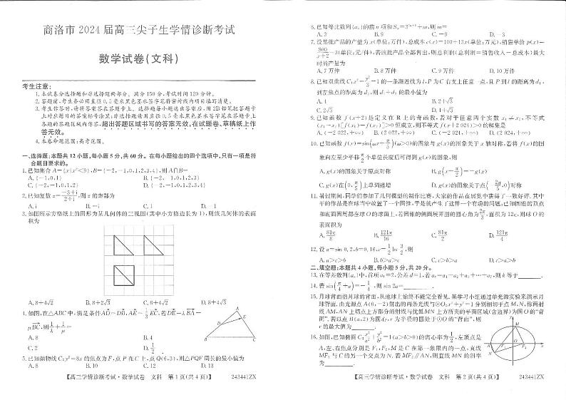 陕西省商洛市2024届高三上学期尖子生学情诊断考试文数第1页