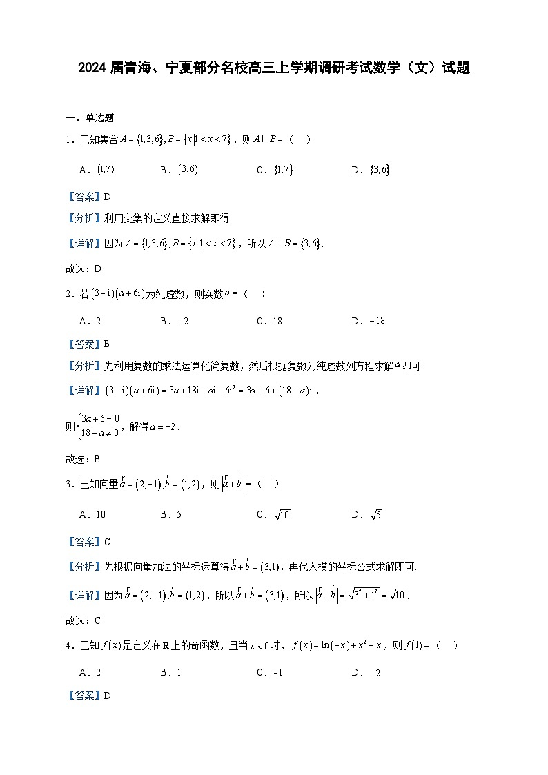 2024届青海、宁夏部分名校高三上学期调研考试数学（文）试题含答案第1页