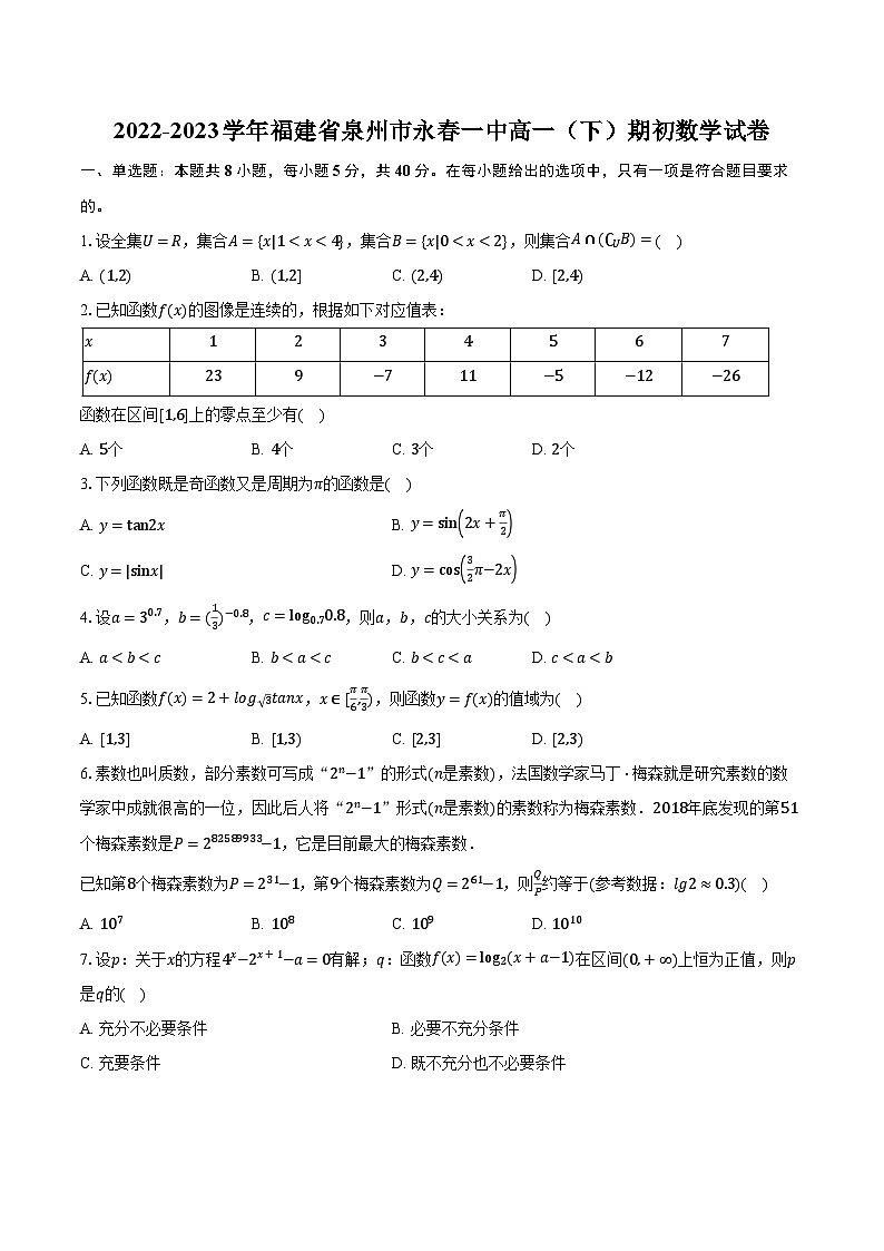 2022-2023学年福建省泉州市永春一中高一（下）期初数学试卷（含解析）01