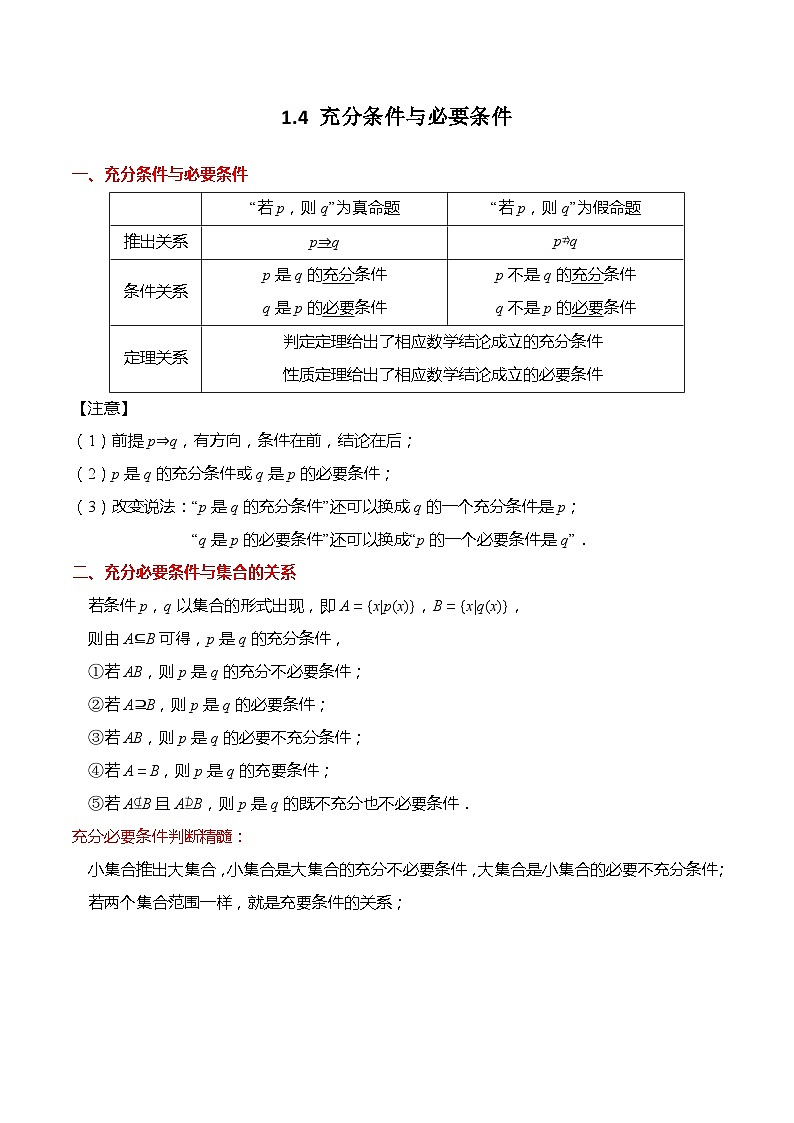 1.4 充分条件与必要条件-高一数学上学期同步讲与练(人教A版必修第一册)（原卷版）第1页