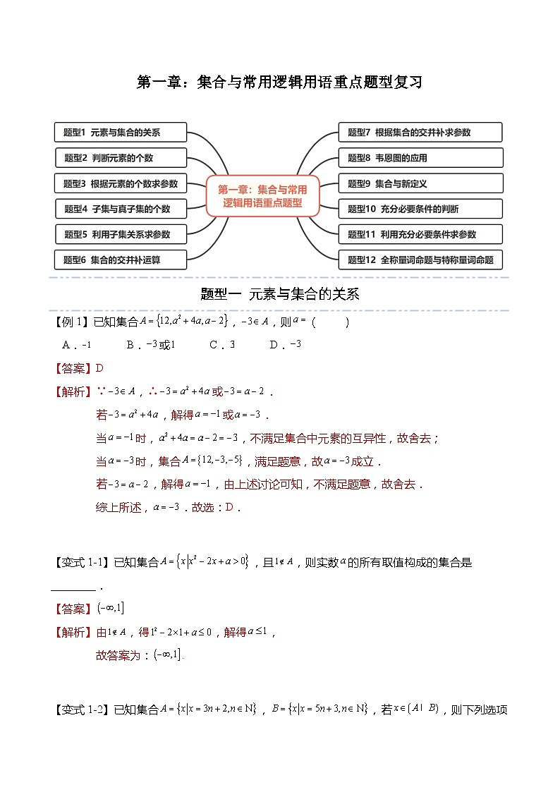 第一章：集合与常用逻辑用语重点题型复习-高一数学上学期同步讲与练(人教A版必修第一册)（解析版）第1页
