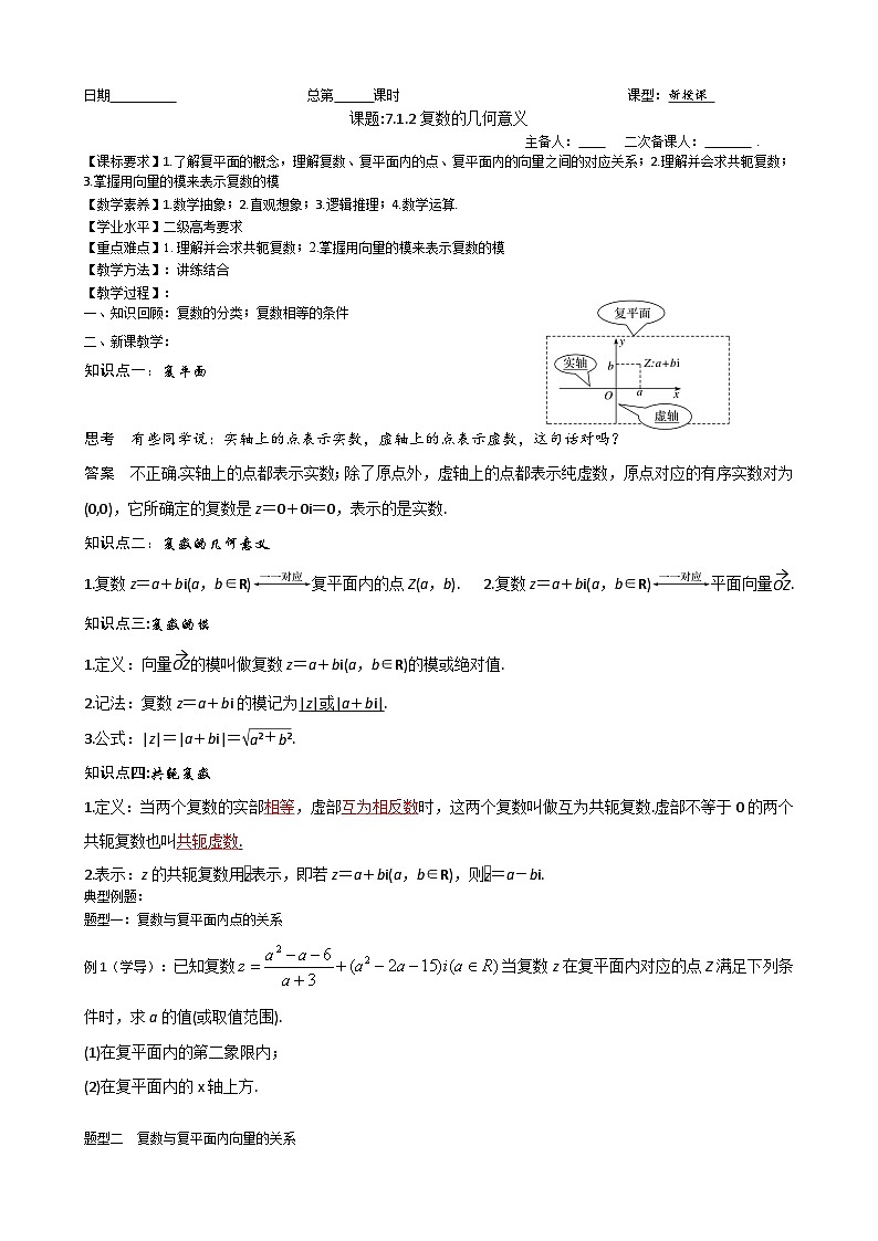7.1.2复数的几何意义教案- 高中数学人教A版（2019）必修第二册第1页