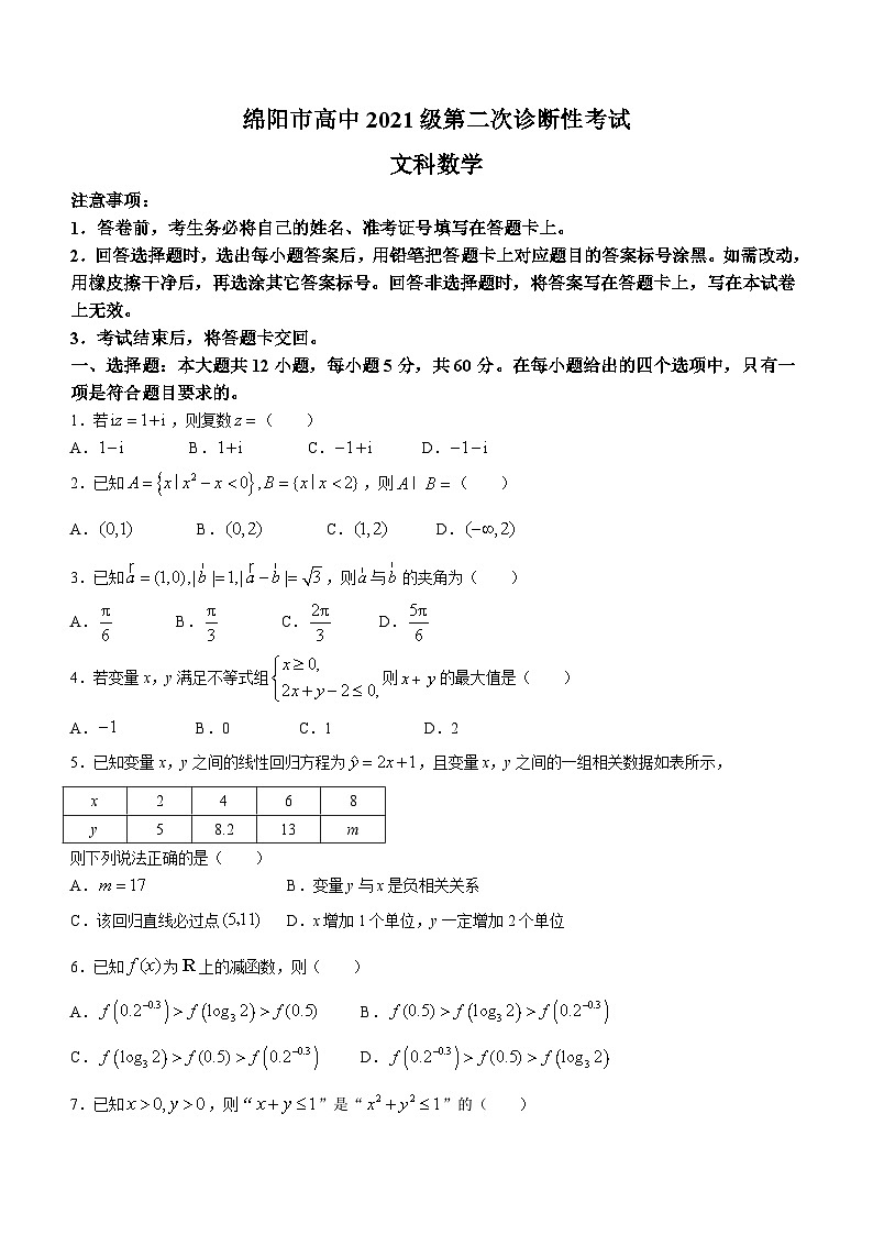 四川省绵阳市高中2024届高三第二次诊断性考试文科数学试题01