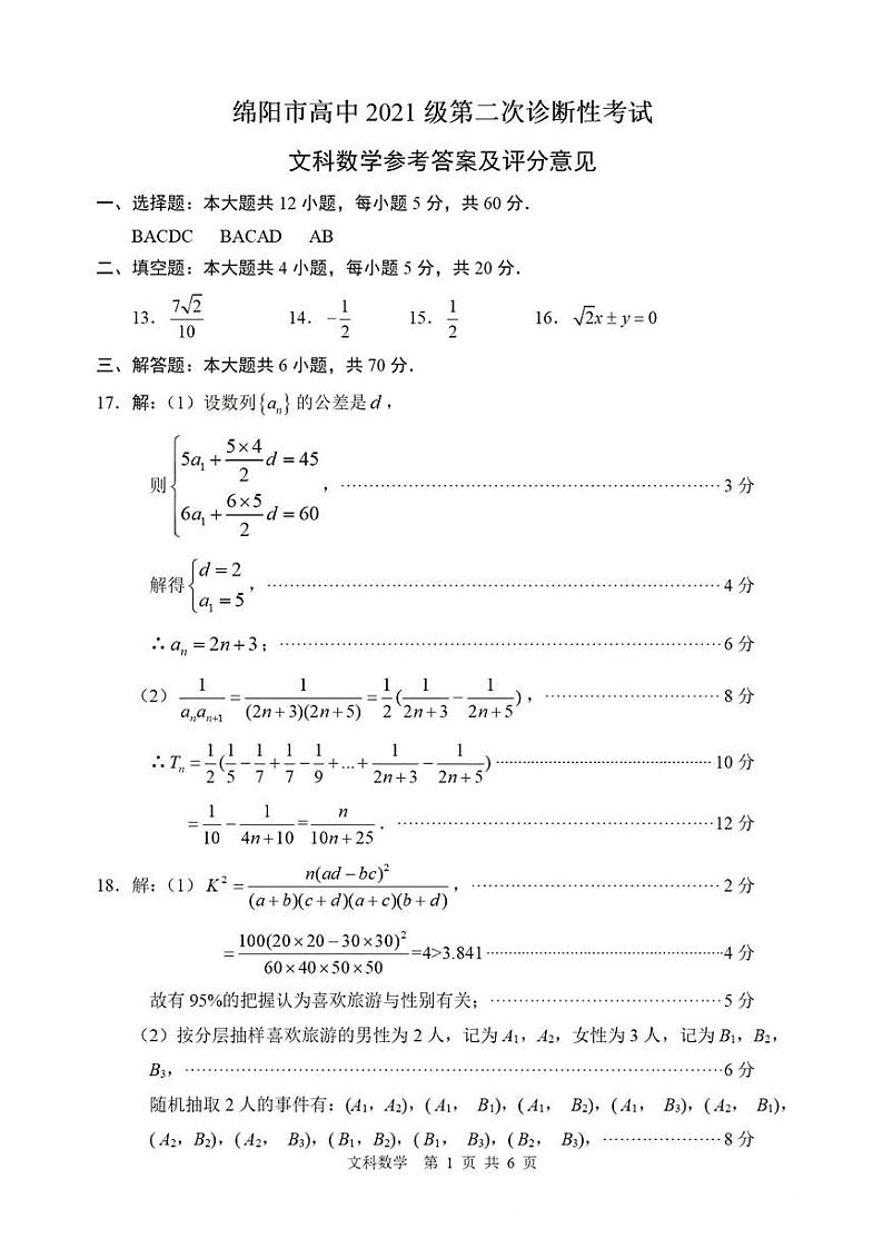 四川省绵阳市高中2024届高三第二次诊断性考试文科数学试题01