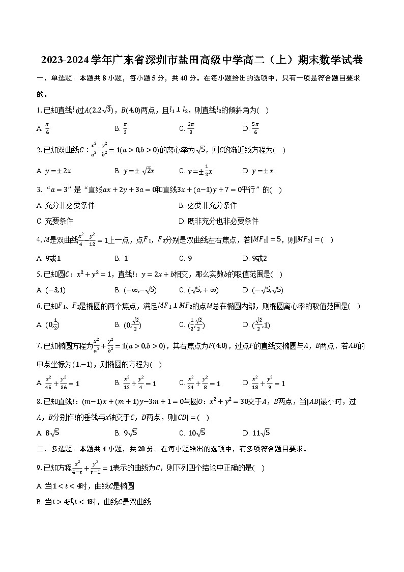 2023-2024学年广东省深圳市盐田高级中学高二（上）期末数学试卷（含解析）01