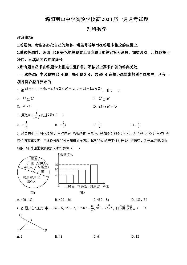 四川省绵阳市南山中学实验学校2024届高三上学期1月月考数学（理）试题01