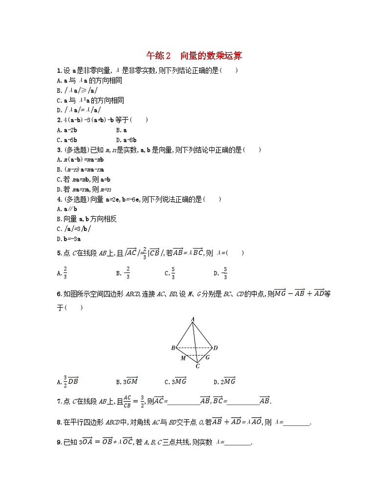 2023_2024学年新教材高中数学第六章平面向量及其应用午练2向量的数乘运算新人教A版必修第二册第1页