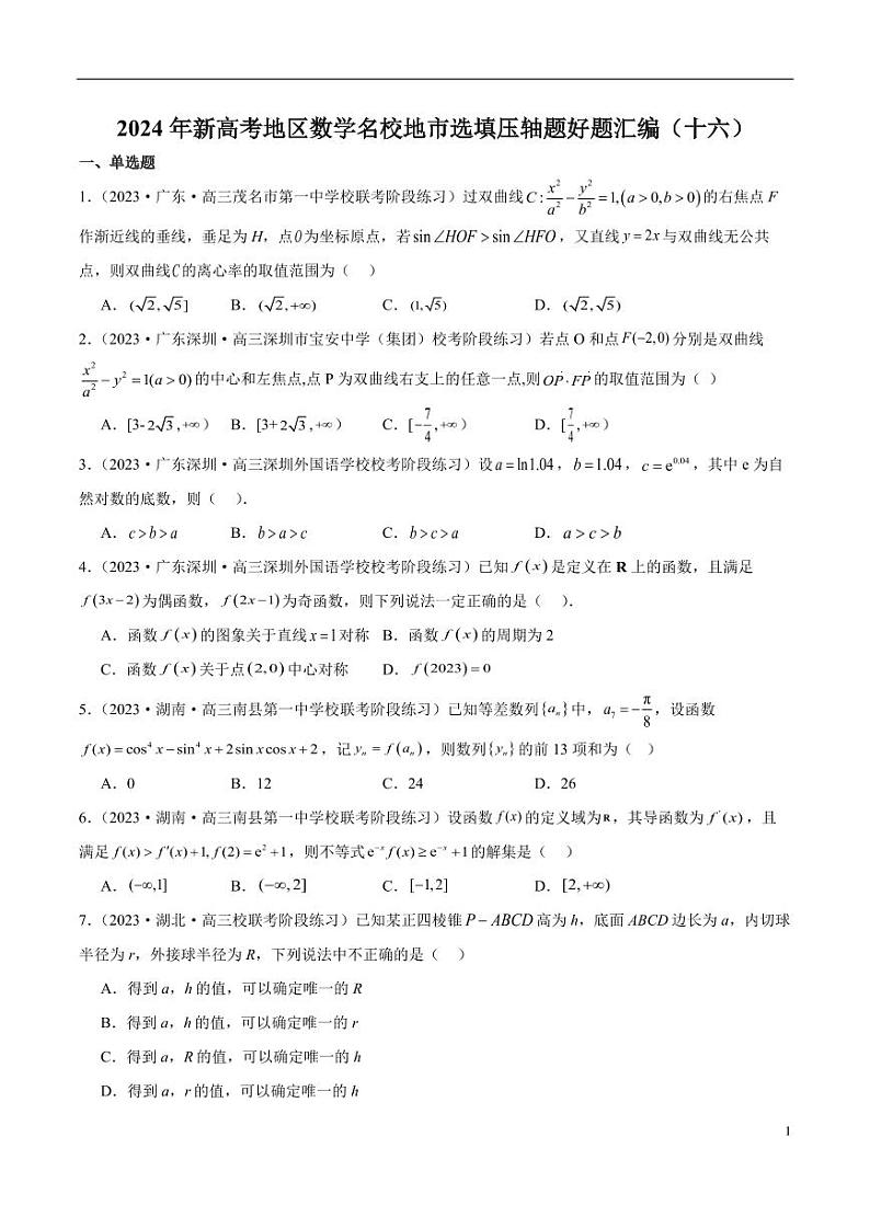 2024年新高考地区数学名校地市选填压轴题好题汇编（十六）01