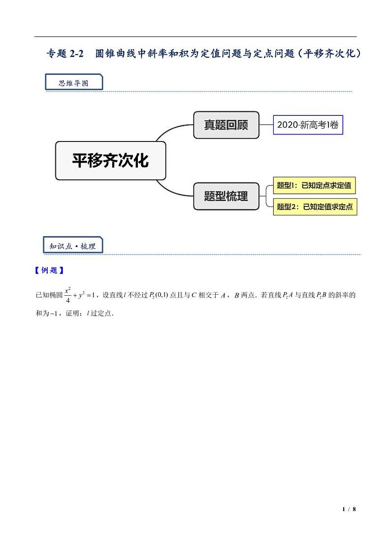 2024年高三培优讲义10---平移齐次化解决圆锥曲线中斜率和积问题与定点问题01