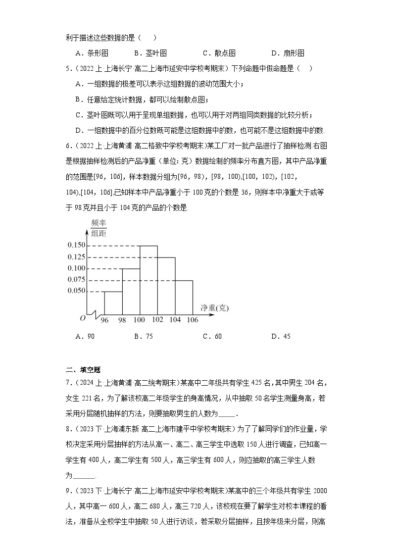 05统计（抽样方法、统计图像）-上海市2023-2024学年高二上学期期末数学专题练习（沪教版20202