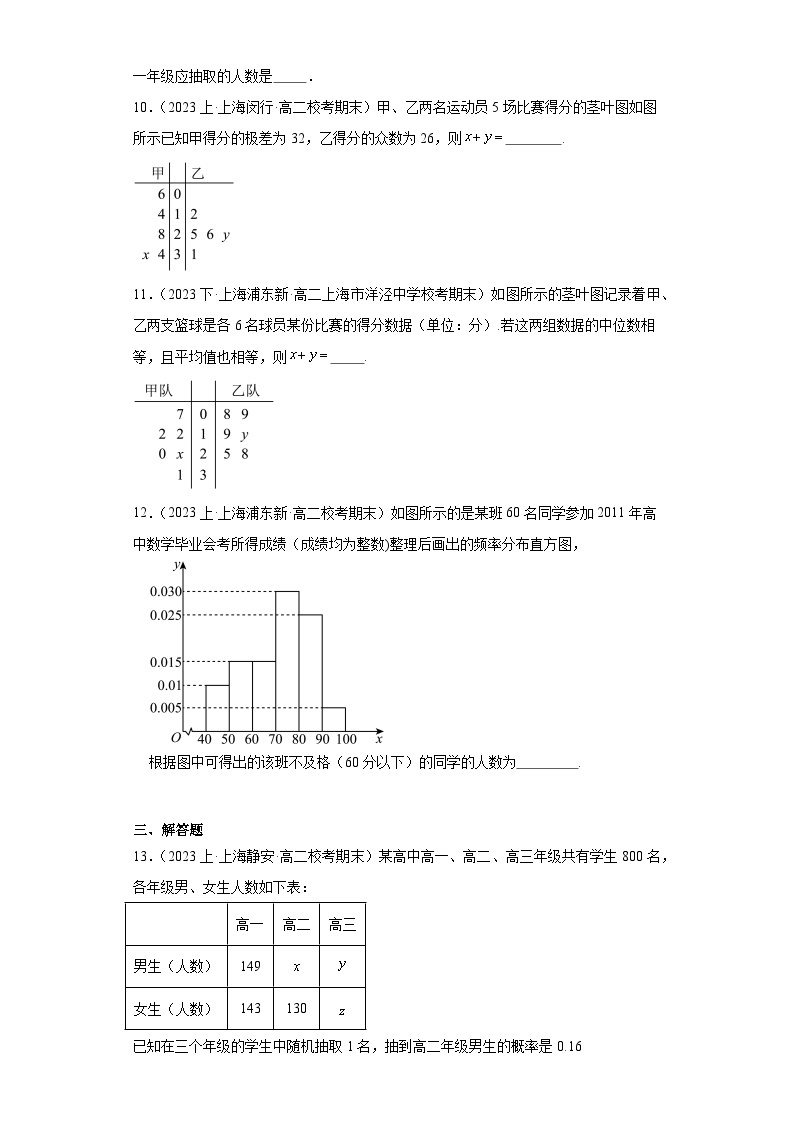 05统计（抽样方法、统计图像）-上海市2023-2024学年高二上学期期末数学专题练习（沪教版20203