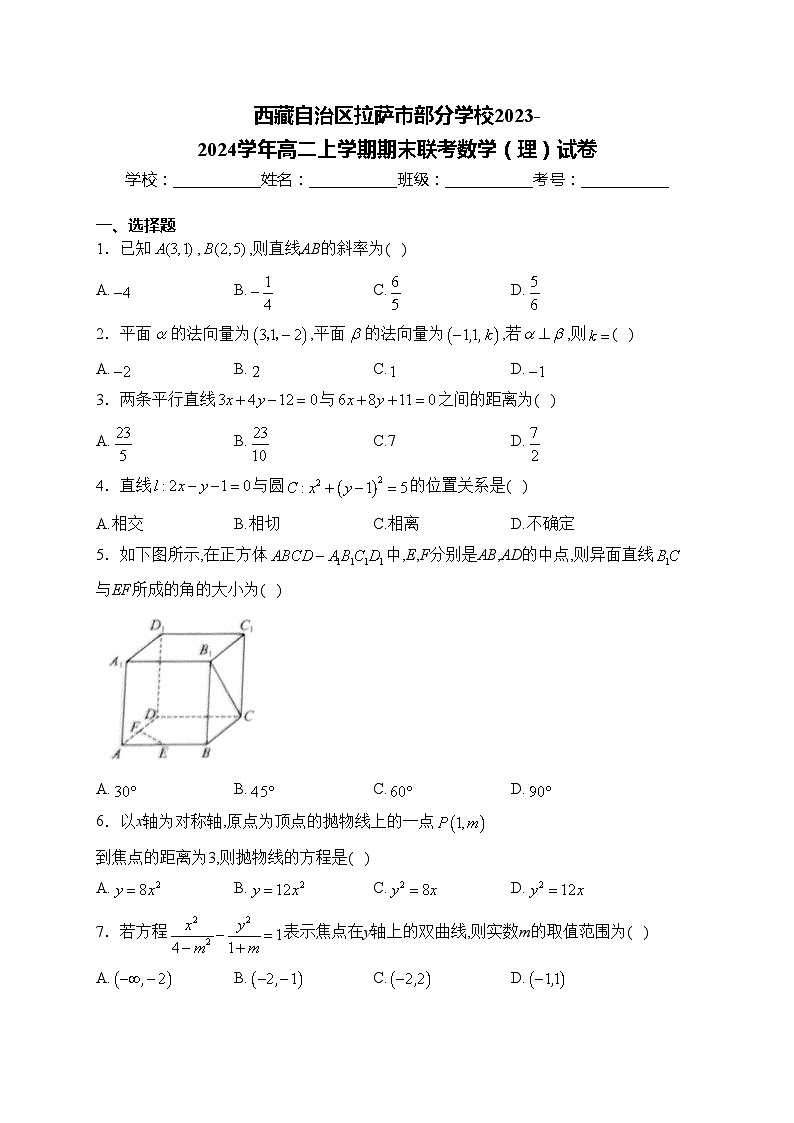 西藏自治区拉萨市部分学校2023-2024学年高二上学期期末联考数学（理）试卷(含答案)01