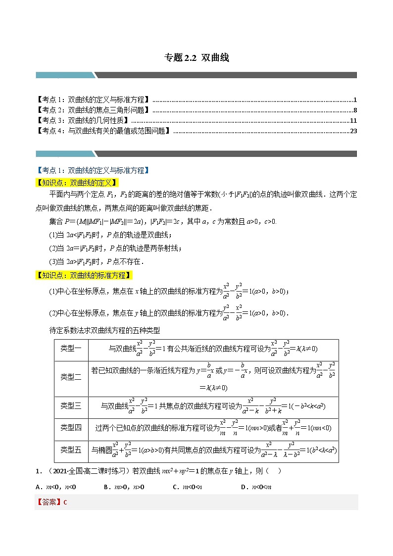 专题2.2 双曲线（4类必考点）-2023-2024学年高二数学必考考点各个击破（北师大版选择性必修第一册）01